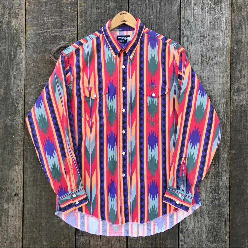 VTG 80s-90s Wrangler USA Southwestern Bright Color Rodeo Cowboy Shirt 16 1/2-34